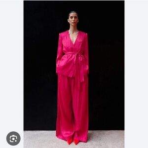 Zara Pink Fuchsia Metallic Sheen Two Piece Belted  Blazer & Pant Set NWT S & M